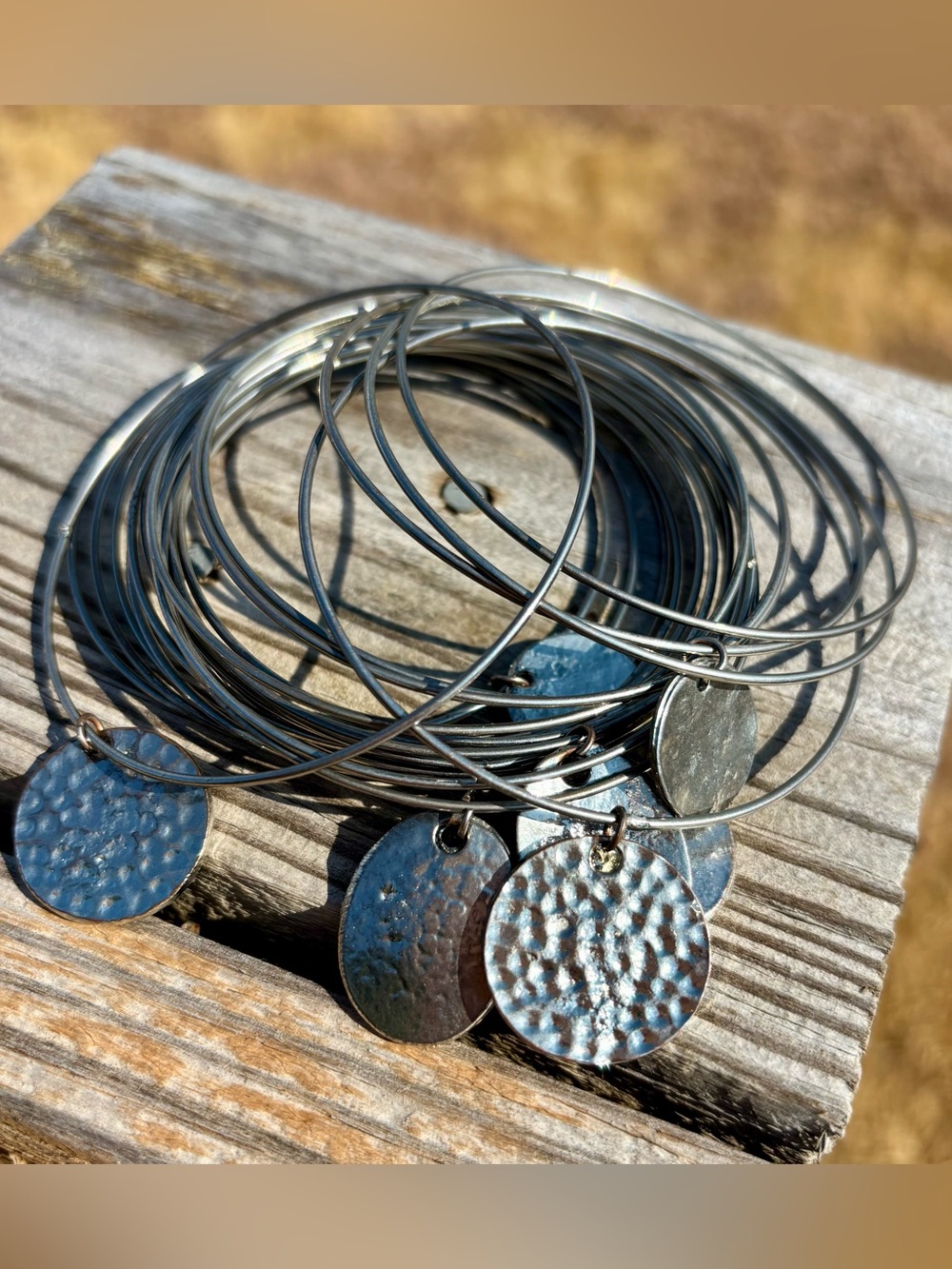 Hammered Silver Disc Stackable Bangle Bracelets - Women Jewelry set of 23
